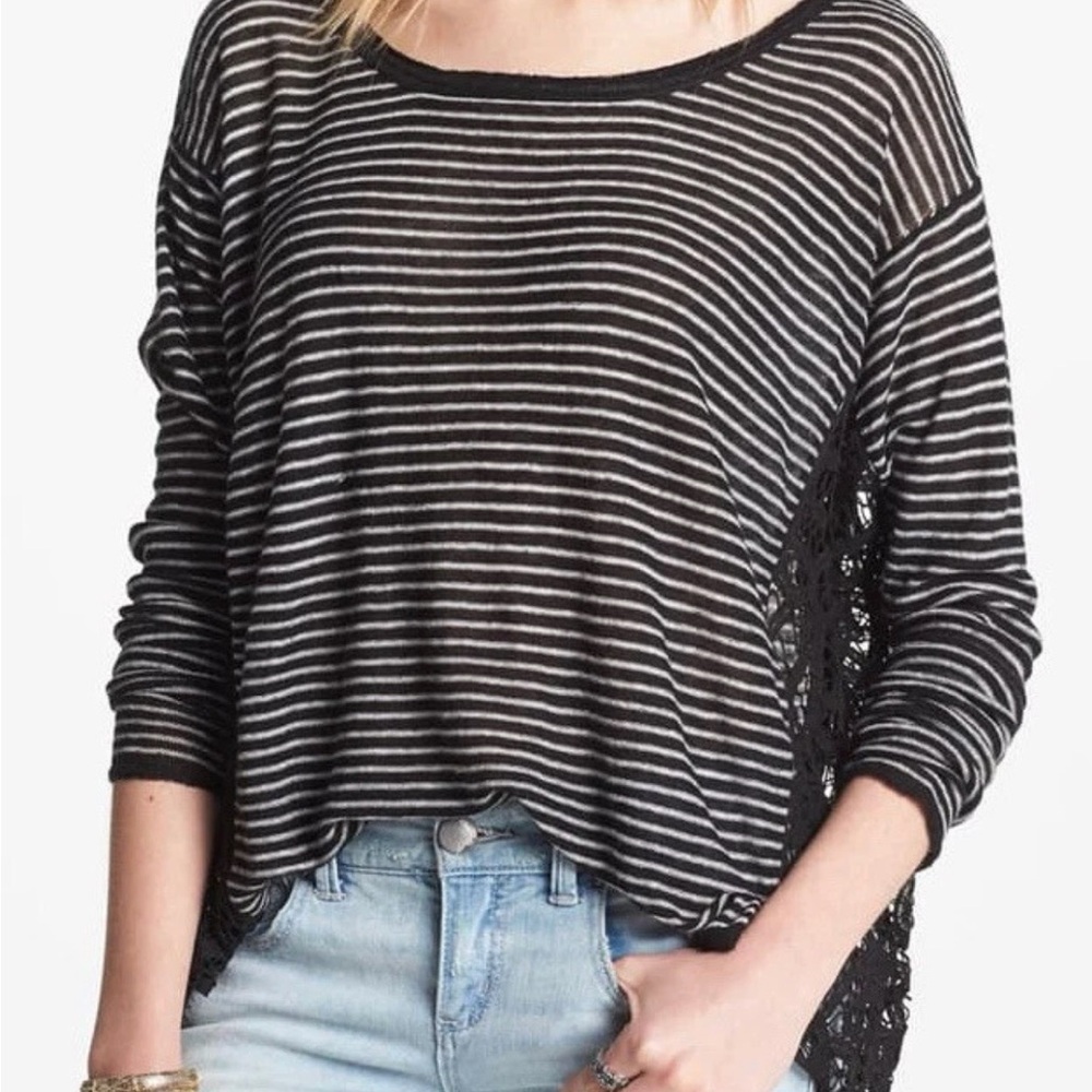 Free People "Love Me Do" Black & White Striped Lace-Side Linen Blend Knit Body S
